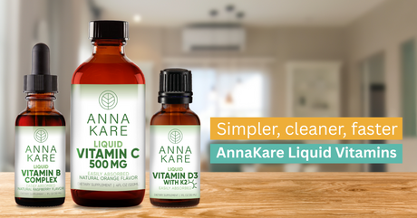 AnnaKare liquid Vitamin C, Vitamin D3 with K2, and Vitamin B Complex with tagline “Simpler. Cleaner. Faster.”