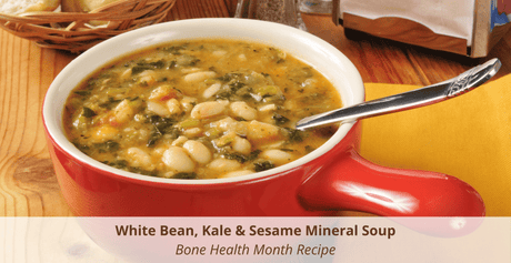 White Bean, Kale & Sesame Mineral Soup served in a bowl for AnnaKare’s Bone Health Month recipe series